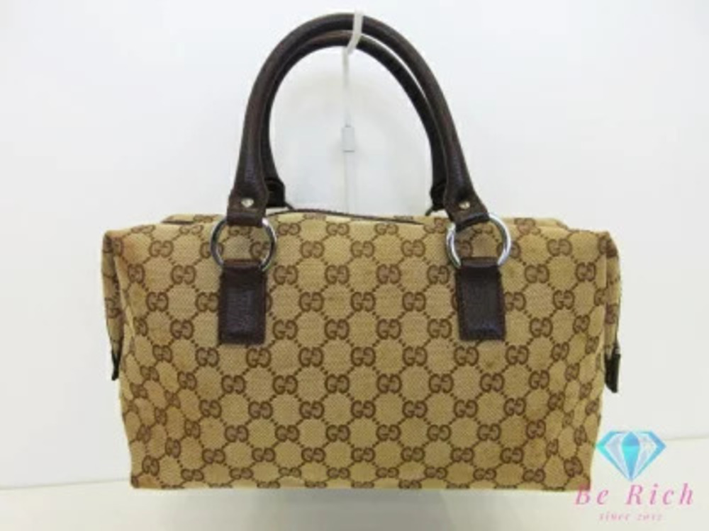 Gucci Boston Bag Handbag GG Beige Brown Canvas Leather Tote